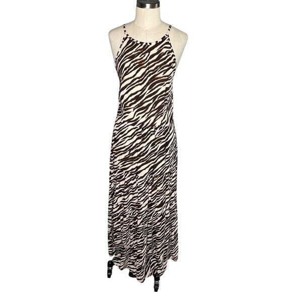 LONG TALL SALLY Cream Brown Zebra Print Patterned Slip Maxi Dress WOmen's Size 8 - Picture 1 of 9